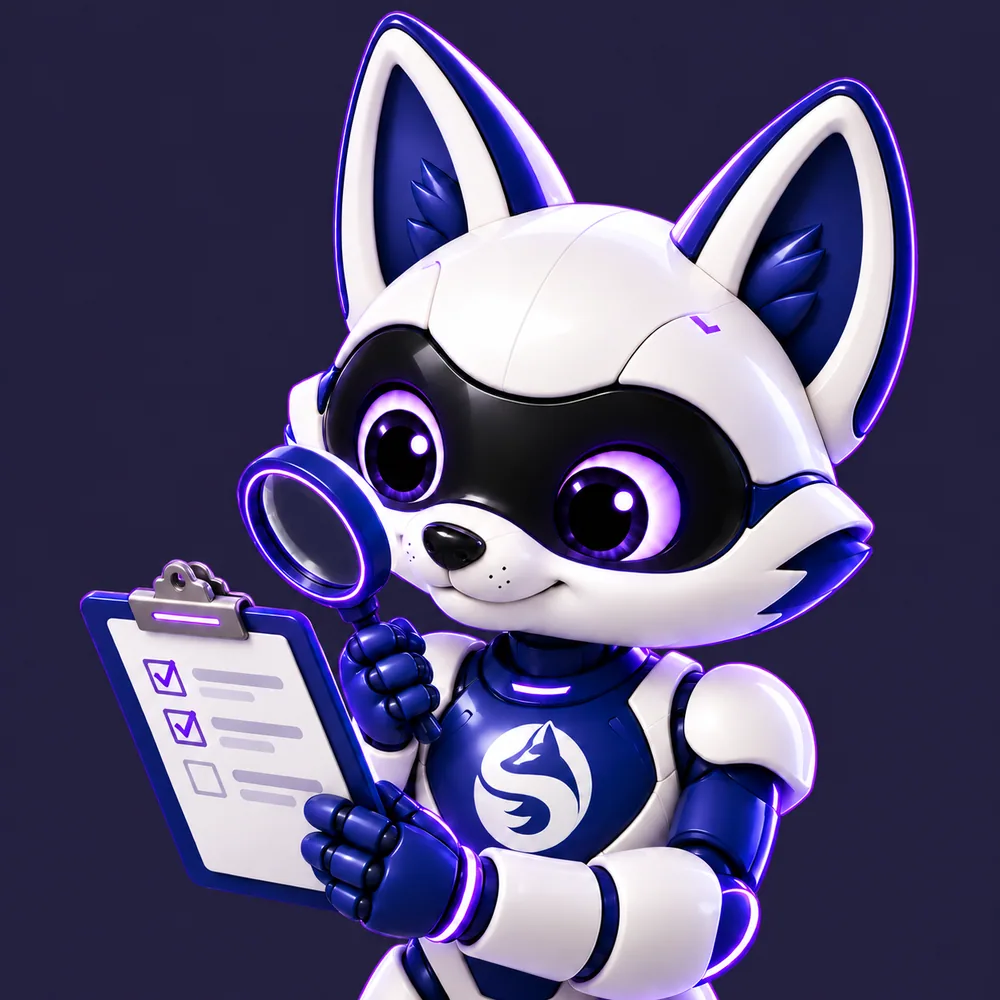 Shippy checking an order against a clipboard checklist with a magnifying glass
